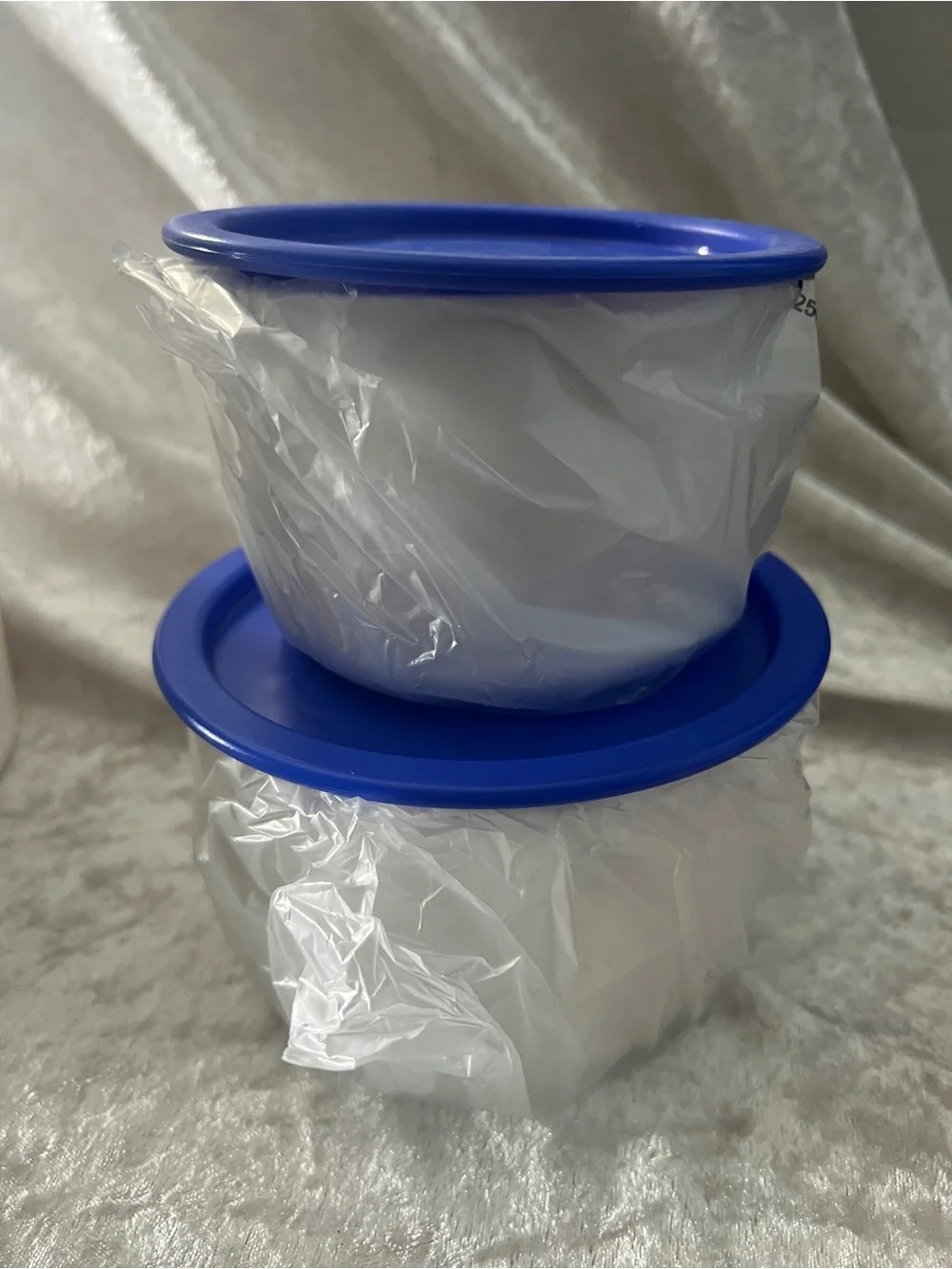 Tupperware White Bowls with Blue Lids - Set of 4